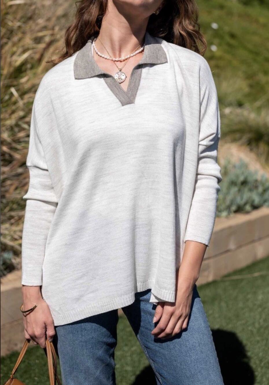 Mersea Catalina Polo Sweater OS Driftwood Sea salt Tan Brown Minimalist Notched